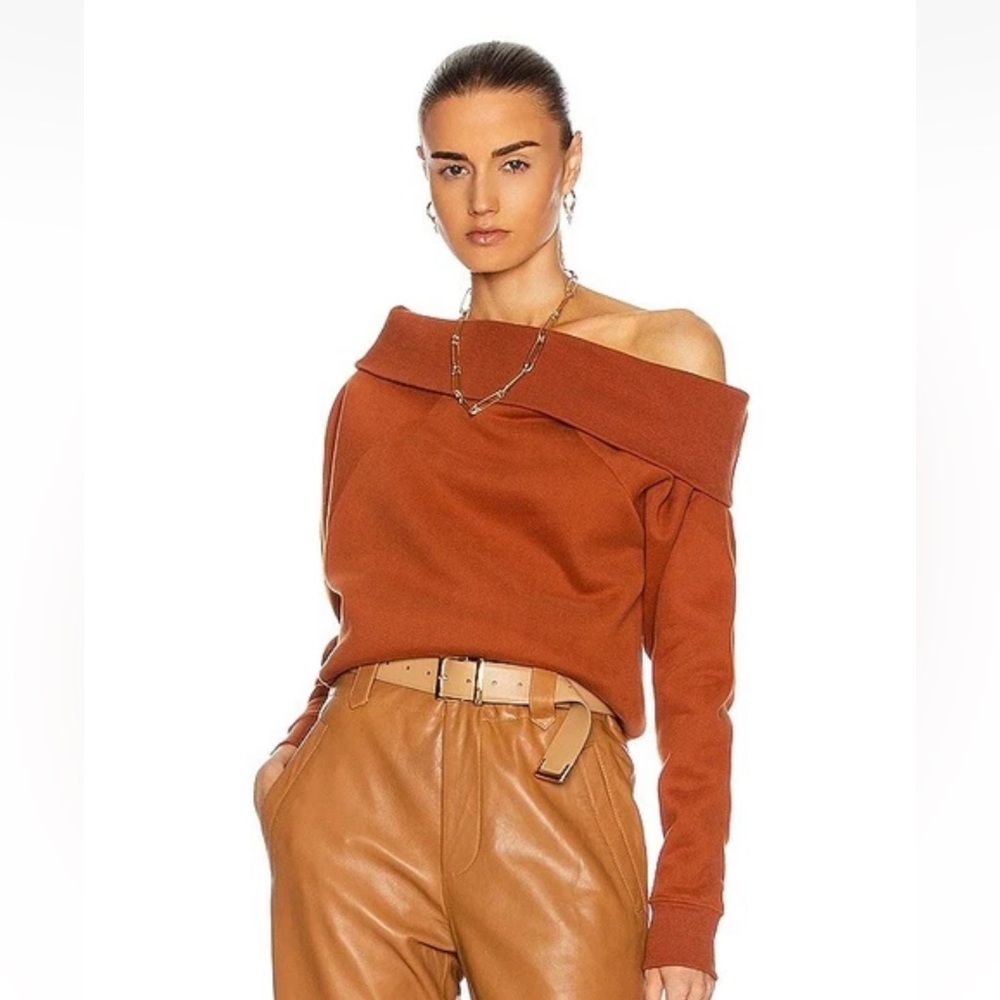 Marissa Webb‎ So Relaxed Off The Shoulder Plush Sweatshirt Rust Orange Medium